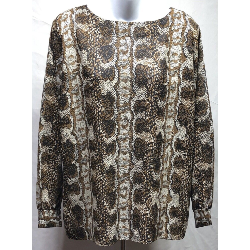 Vintage Teddi flowy Top M Brown Snake LongSleeve Collar 90s Career Glam Chic